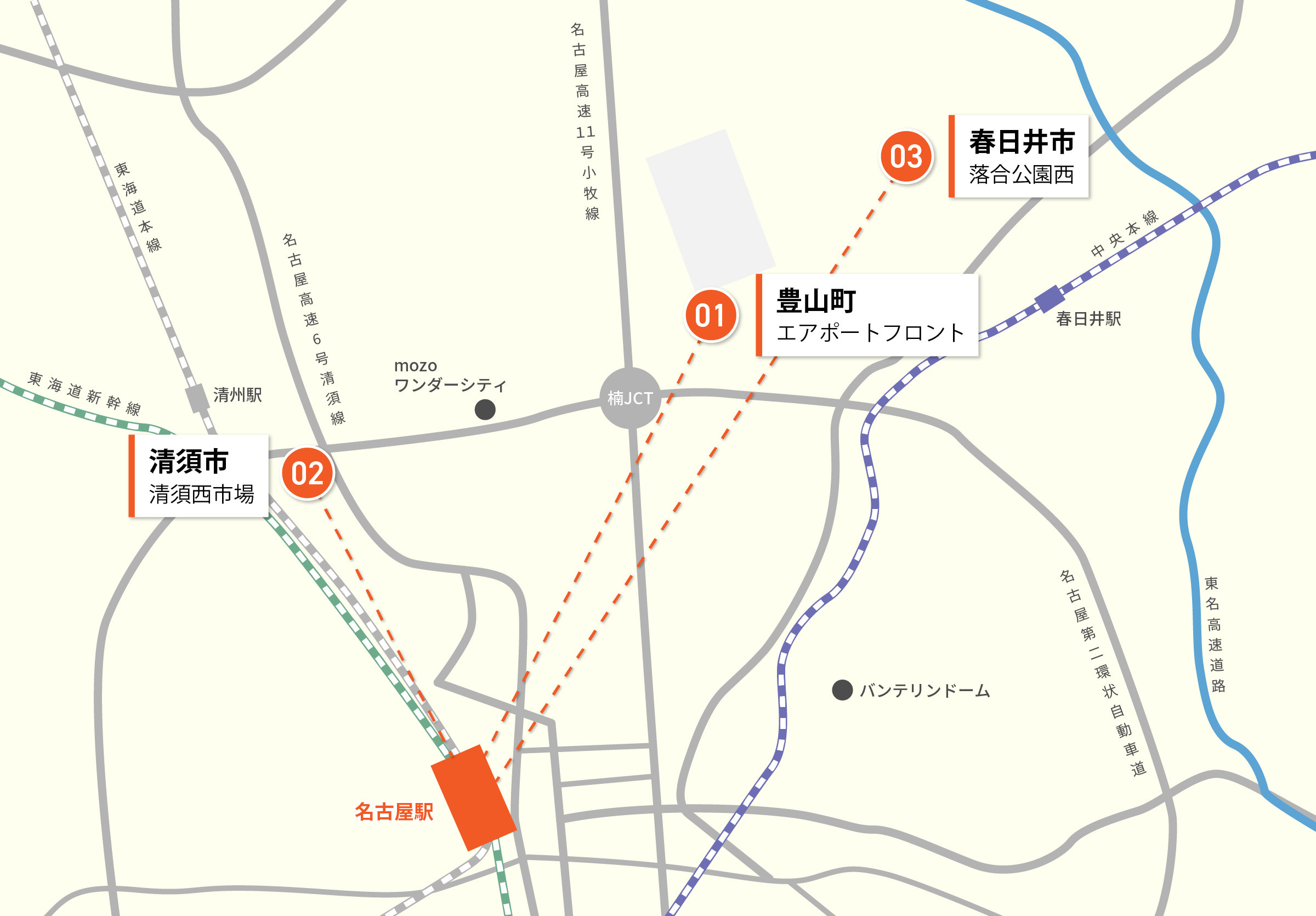 名古屋駅の北側にG-STYLE 3分譲地(01 豊山町 エアポートフロント/02 清須市 清須西市場/03 春日井市 落合公園西)が位置することを示す地図